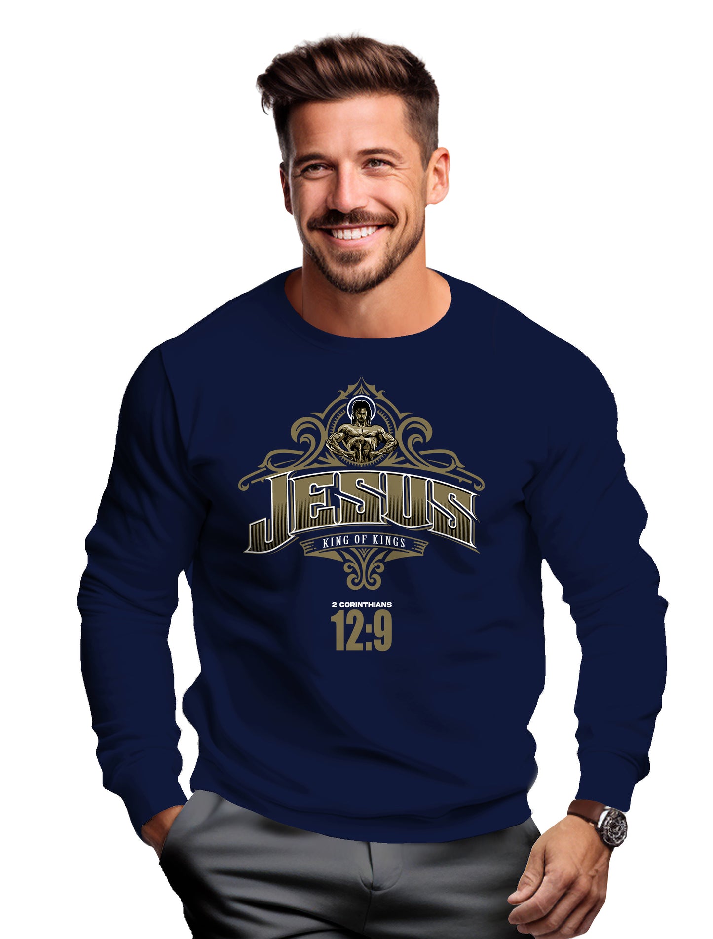 JESUS/ KING OF KINGS 2 CORINTHIANS 2:9- Men's premium sweatshirt