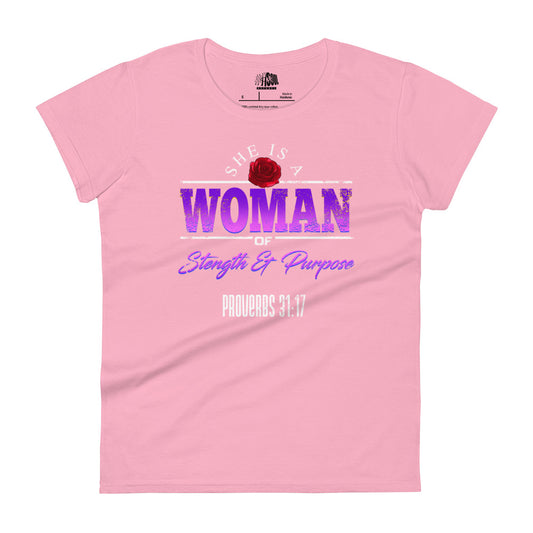 'WOMAN' PROVERBS 31-17 -- Women's short sleeve fitted tee