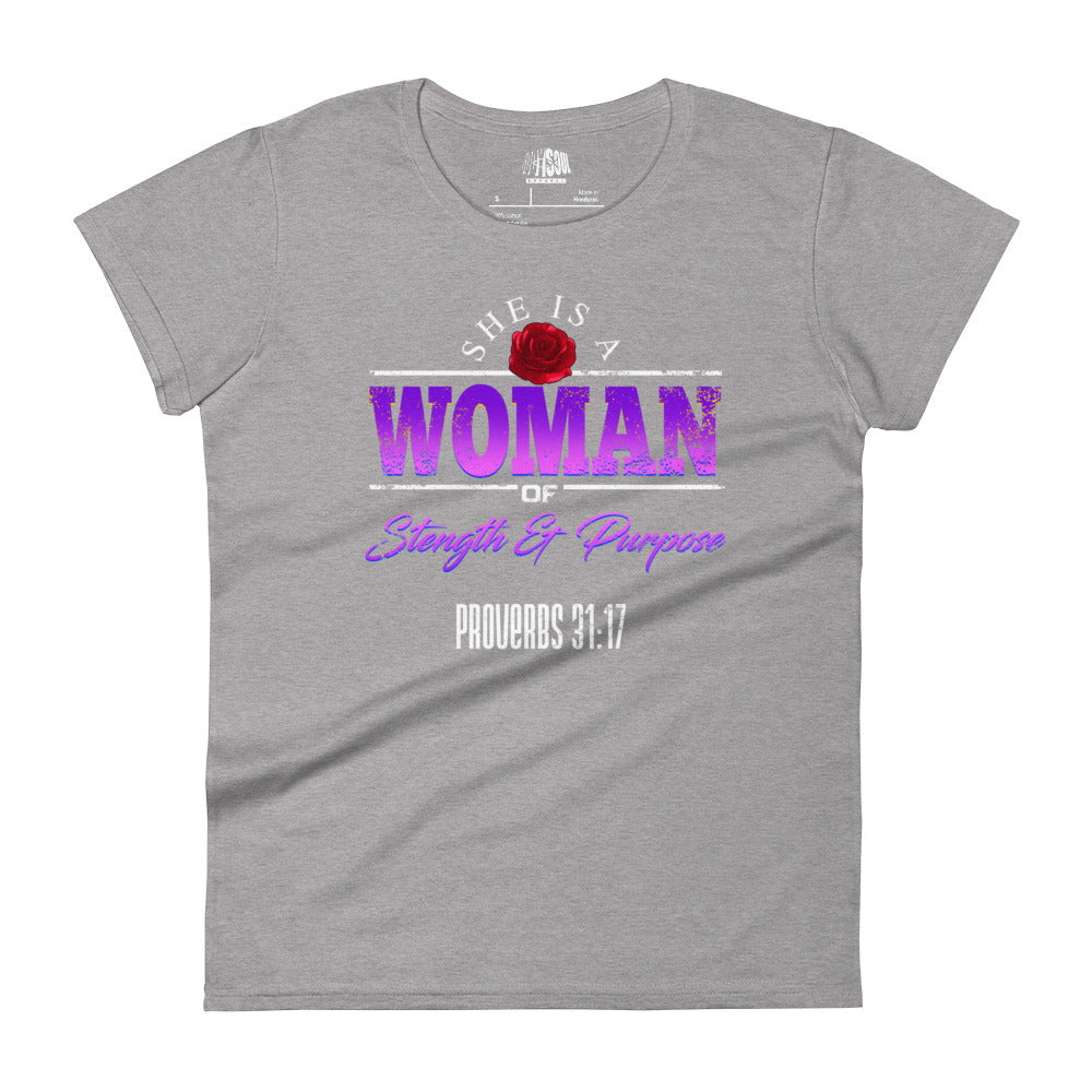 'WOMAN' PROVERBS 31-17 -- Women's short sleeve fitted tee